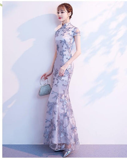 【爱裳花嫁シリーズ】★チャイナドレス★ ワンピース 刺繍入り マーメイドライン 綺麗め S M L 着痩せ シルバーグレー - ChinChic