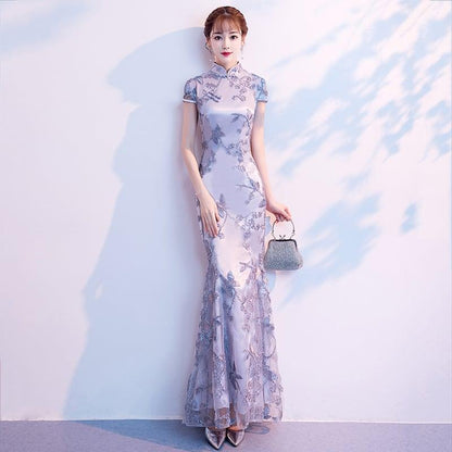 【爱裳花嫁シリーズ】★チャイナドレス★ ワンピース 刺繍入り マーメイドライン 綺麗め S M L 着痩せ シルバーグレー - ChinChic
