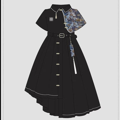 【塵煙雲夢---不夜城シリーズ】★チャイナ風ワンピース★ 切り替え 花柄 ブラック 黒い 不規則 半袖 S M L オリジナル - ChinChic