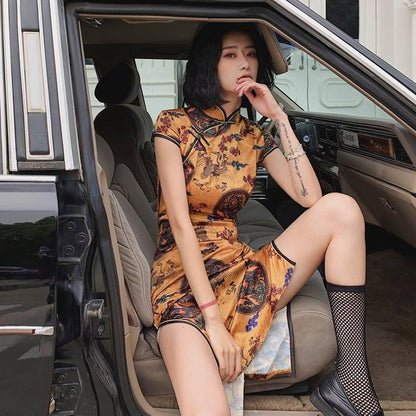 チャイナドレス ワンピース チャイナ風服 中華服 スタンドネック 半袖 ロング丈 エレガント 着痩せ 上品 大きいサイズ S M L LL 3L 4L 普段着 パーティー 女子会 個性的 イエロー 黄色い - ChinChic