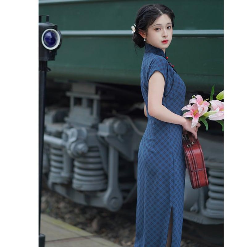 【花開梔夏シリーズ】★チャイナドレス★ チェック柄 ワンピース ロング丈 結婚式 ブルー 青 大きいサイズ S M L XL 2XL 3XL - ChinChic