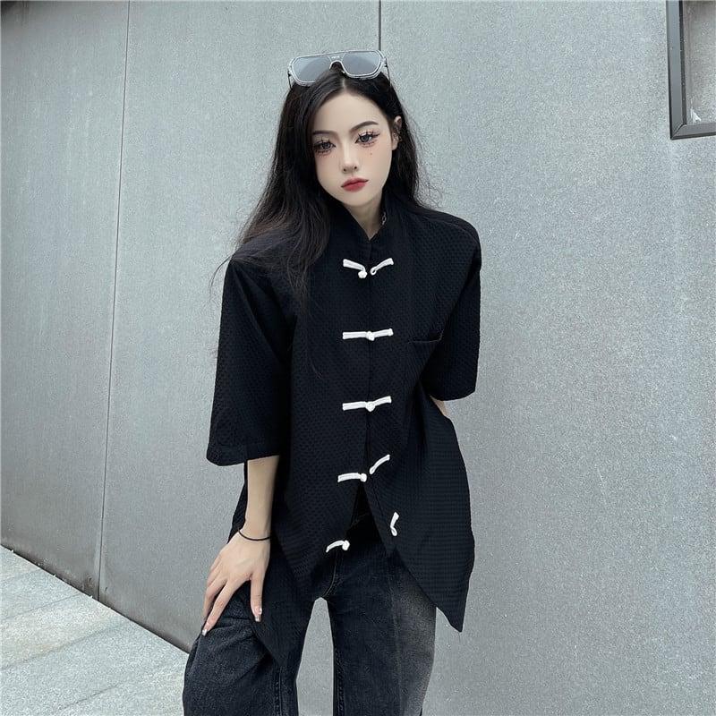 【STYLEシリーズ】★チャイナ風シャツ★ アウター トップス 配色 ブラック 男女兼用 メンズ チャイナボタン - ChinChic