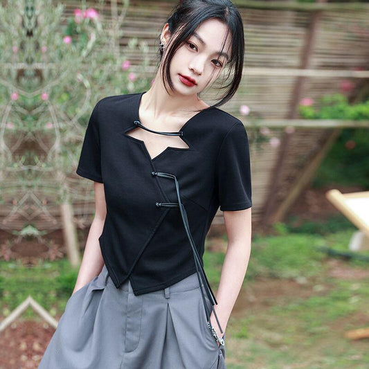 【大青龍肆シリーズ】★チャイナ風トップス★ Tシャツ デザイン性有り 着痩せ セクシー オリジナル ブラック 黒 - ChinChic