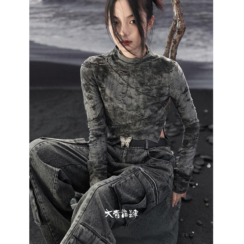 【大青龍肆シリーズ】★チャイナ風Tシャツ★ トップス 長袖Tシャツ レトロ 不規則 ショート丈 オリジナル - ChinChic