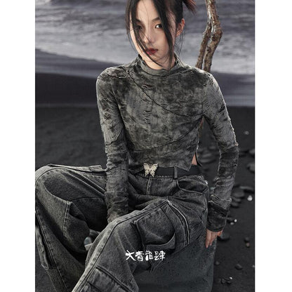 【大青龍肆シリーズ】★チャイナ風Tシャツ★ トップス 長袖Tシャツ レトロ 不規則 ショート丈 オリジナル - ChinChic