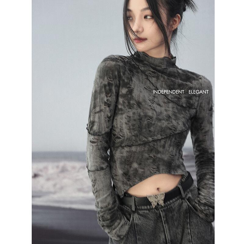 【大青龍肆シリーズ】★チャイナ風Tシャツ★ トップス 長袖Tシャツ レトロ 不規則 ショート丈 オリジナル - ChinChic