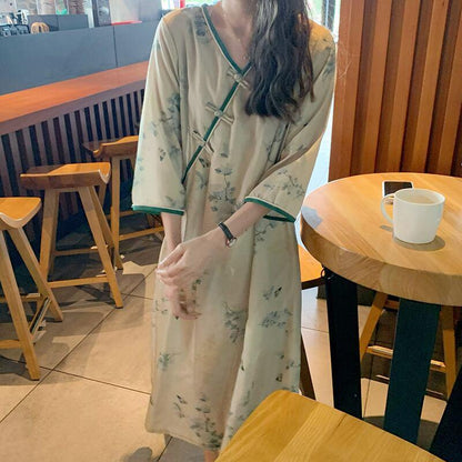 【TIOCIADZRシリーズ】★チャイナ風ワンピース★ 改良唐装 中華服 Vネック ゆったり 配色 プリント - ChinChic