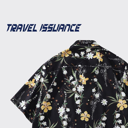 【TRAVEL ISSUANCEシリーズ】★レトロ シャツ★ 花柄シャツ 男女兼用 メンズ ゆったり ブラック 黒い - ChinChic