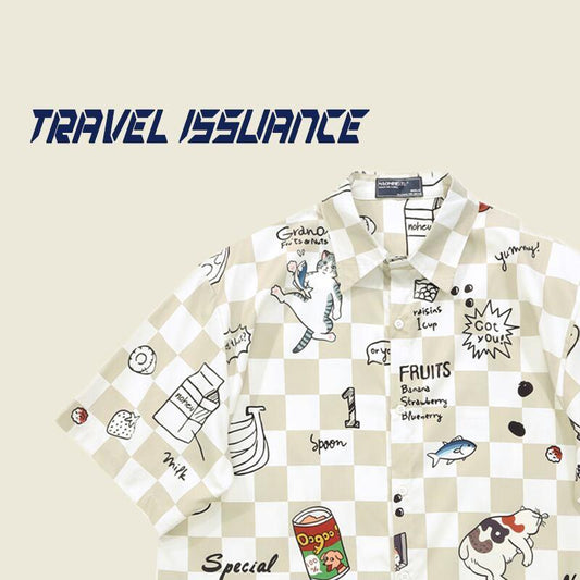 【TRAVEL ISSUANCEシリーズ】★シャツ★ 2COLOR 動物模様 猫 ネコ ねこ 猫模様 プリント 男女兼用 メンズ チェック柄 - ChinChic