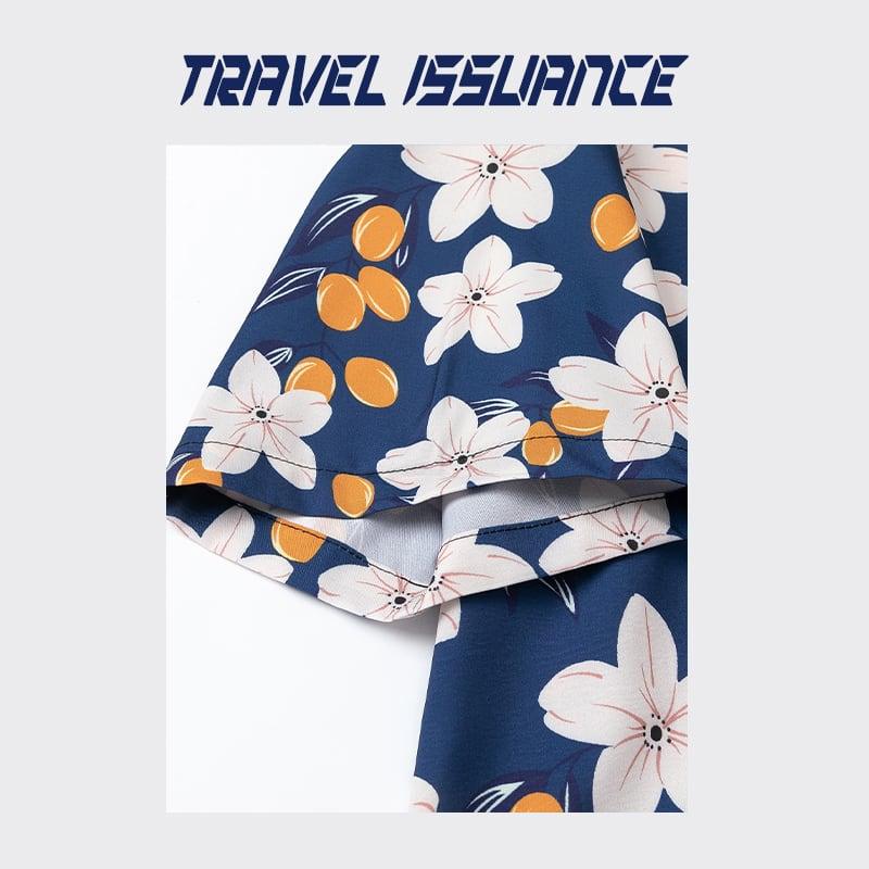 【TRAVEL ISSUANCEシリーズ】★レトロ シャツ★ 花柄シャツ 2COLOR 青OR黒 プリント 男女兼用 メンズ 海辺 旅行 撮影 - ChinChic