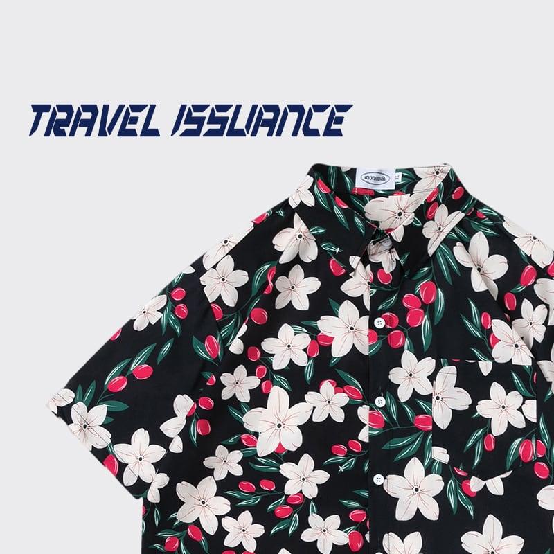 【TRAVEL ISSUANCEシリーズ】★レトロ シャツ★ 花柄シャツ 2COLOR 青OR黒 プリント 男女兼用 メンズ 海辺 旅行 撮影 - ChinChic