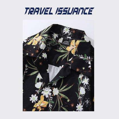 【TRAVEL ISSUANCEシリーズ】★レトロ シャツ★ 花柄シャツ 男女兼用 メンズ ゆったり ブラック 黒い - ChinChic