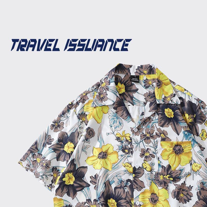 【TRAVEL ISSUANCEシリーズ】★半袖シャツ★ アロハシャツ 沖縄 ハワイ トップス 花柄シャツ 男女兼用 メンズ 黄 - ChinChic