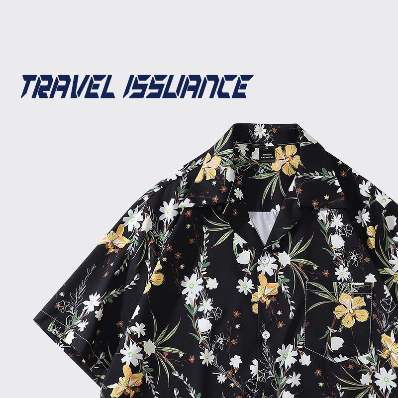 【TRAVEL ISSUANCEシリーズ】★レトロ シャツ★ 花柄シャツ 男女兼用 メンズ ゆったり ブラック 黒い - ChinChic