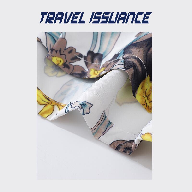 【TRAVEL ISSUANCEシリーズ】★半袖シャツ★ アロハシャツ 沖縄 ハワイ トップス 花柄シャツ 男女兼用 メンズ 黄 - ChinChic